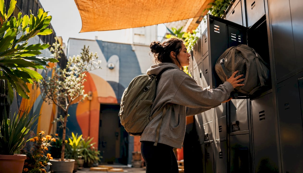 Solo traveler placing bag in hostel locker