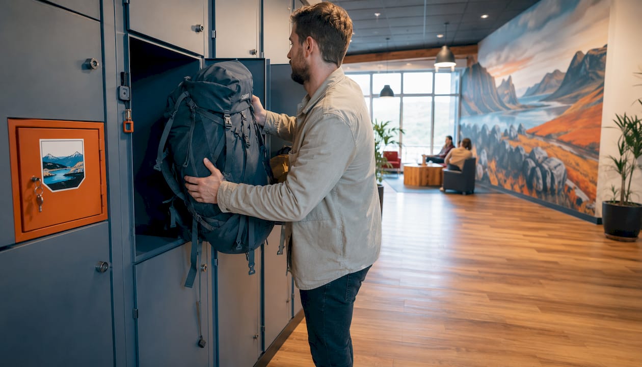 Different sized hostel lockers with daypack