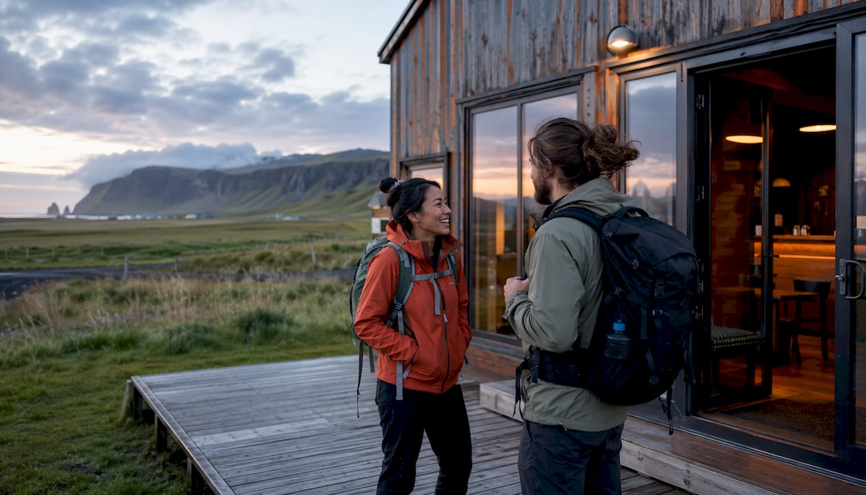 Fox Hostel building exterior with travelers