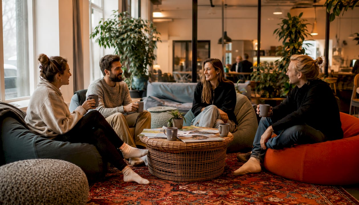 Cozy hostel lounge with travelers relaxing