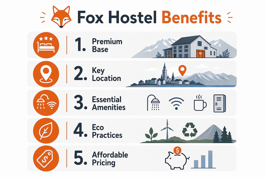 Infographic showing Fox Hostel benefits and features