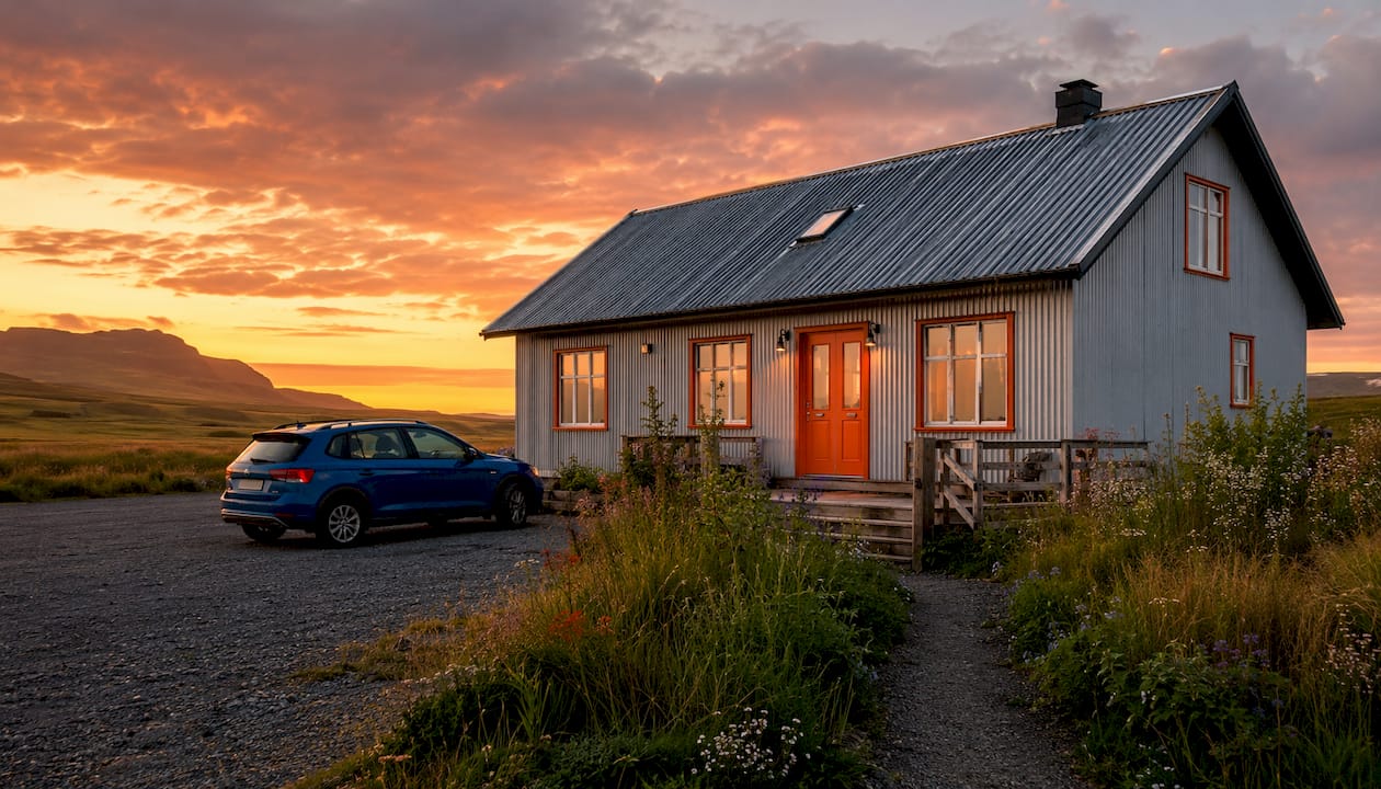 Exterior of Fox Hostel near Vík with rental car parked