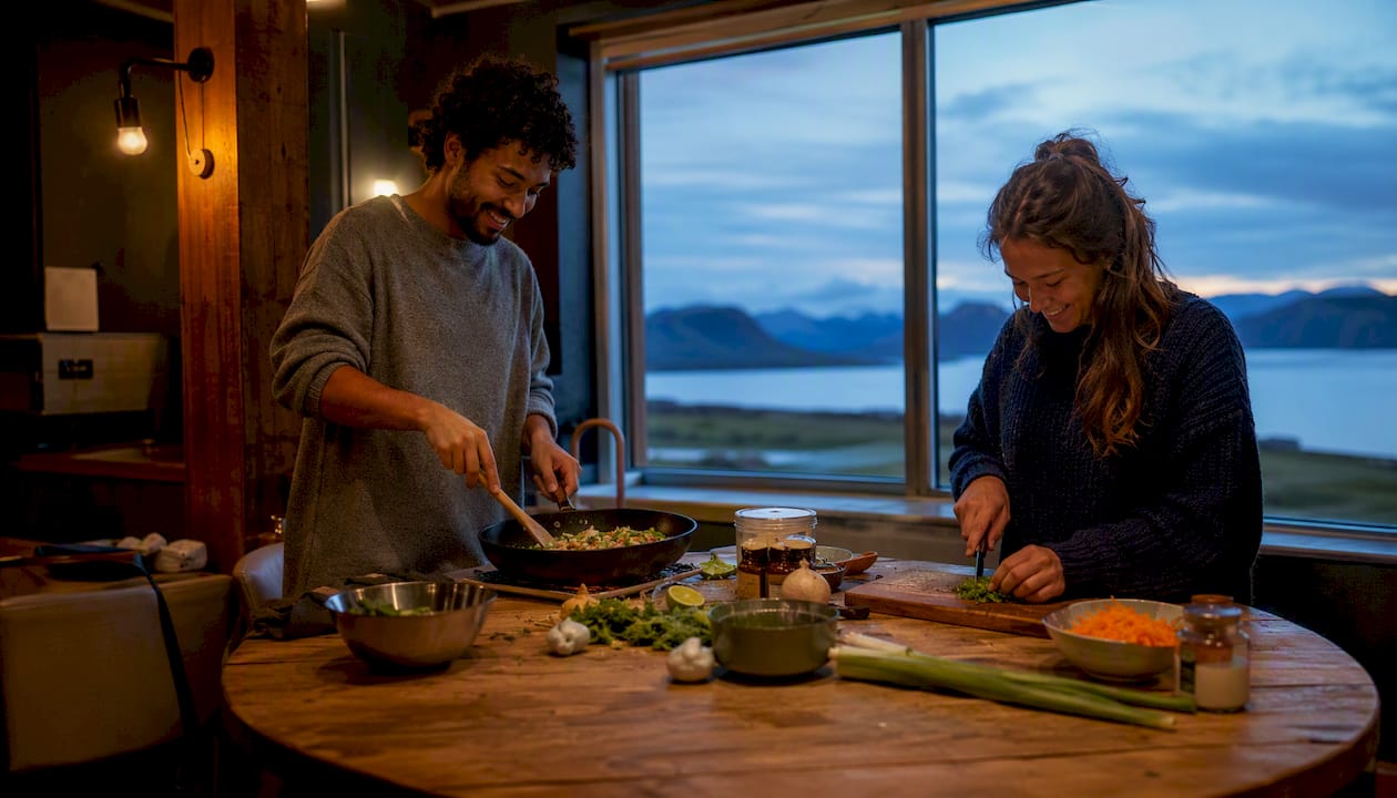 Travelers cooking together in hostel kitchen