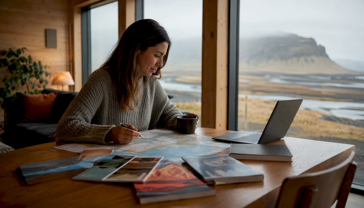 Traveler planning South Iceland road trip indoors