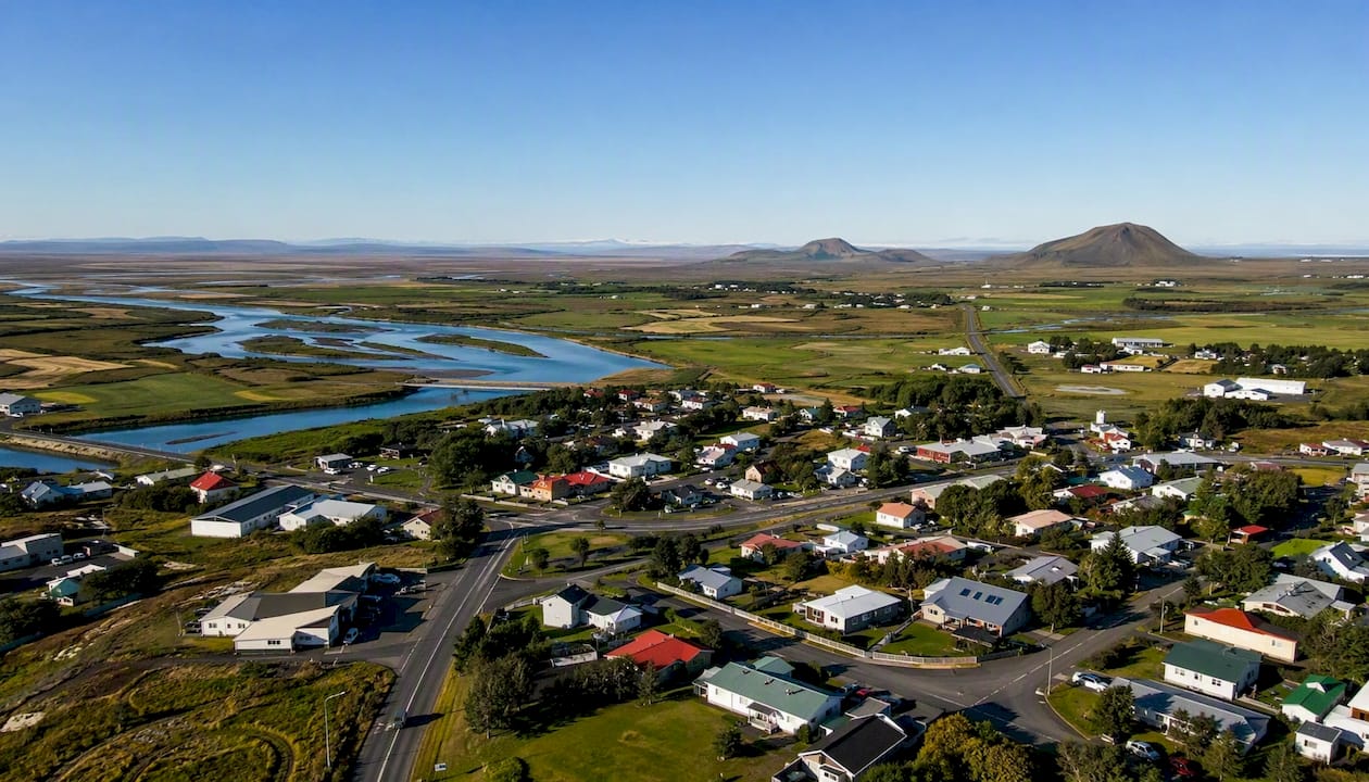 Aerial view of Hella, Hvolsvöllur, and Selfoss towns