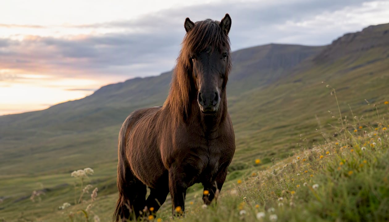 Icelandic horse standing on rocky volcanic ground
