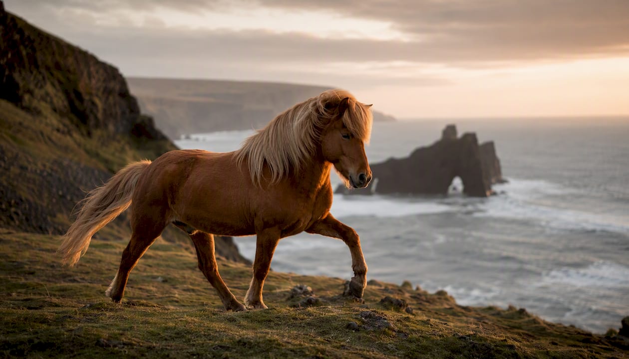 Icelandic horse performing tölt gait on mossy lava field