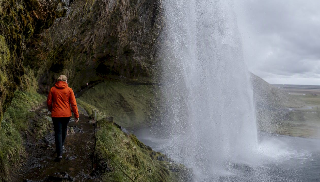 View from behind Seljalandsfoss waterfall trail