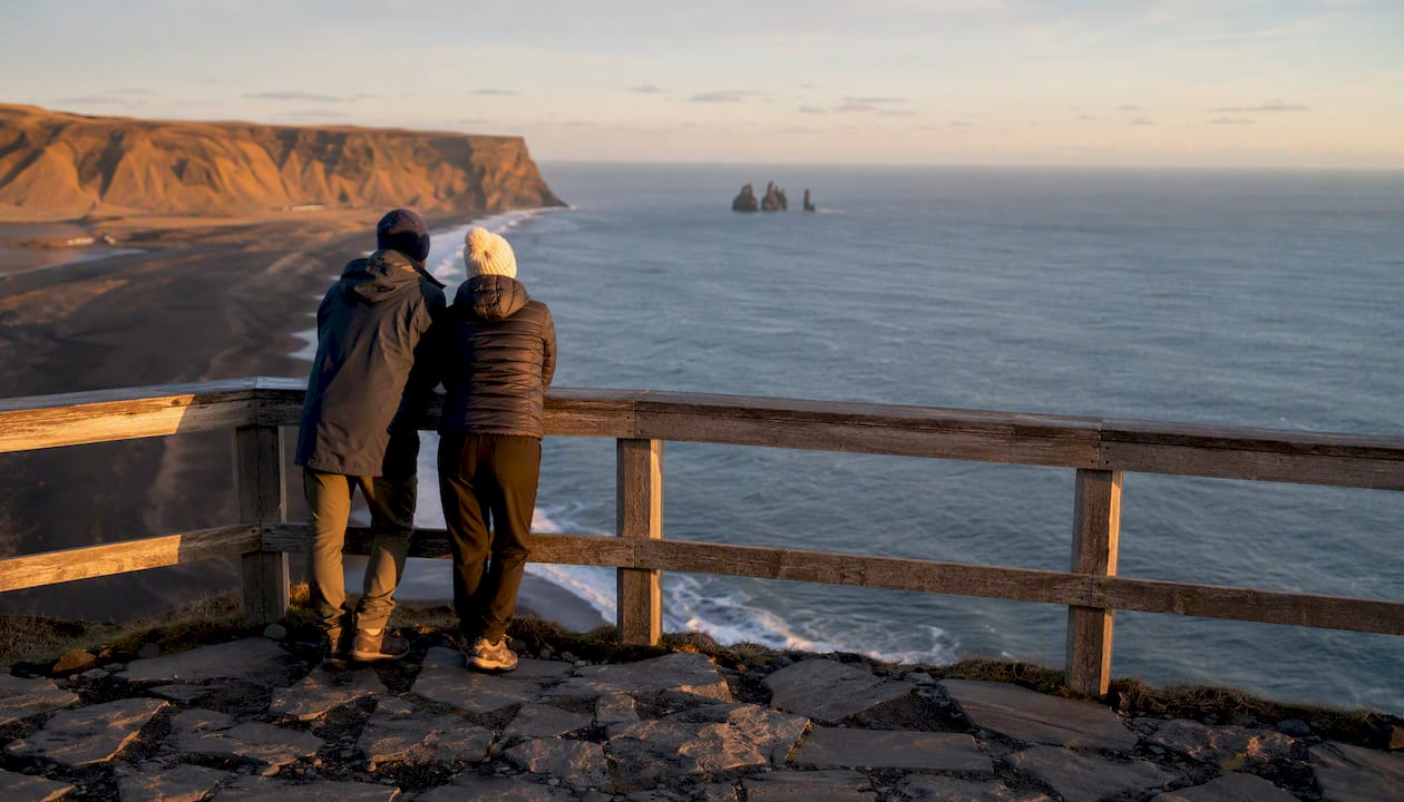 Aerial view of Reynisdrangar from Reynisfjall clifftop