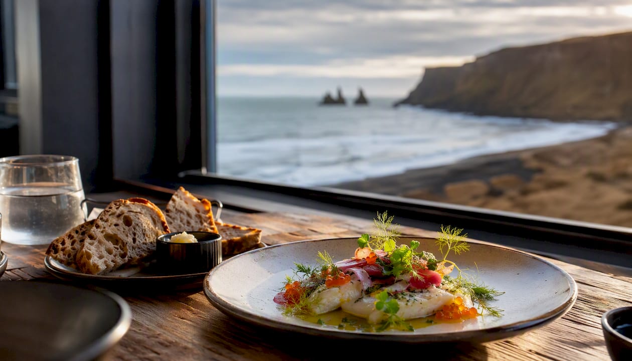 Fresh fish dinner with coastal view in Vík