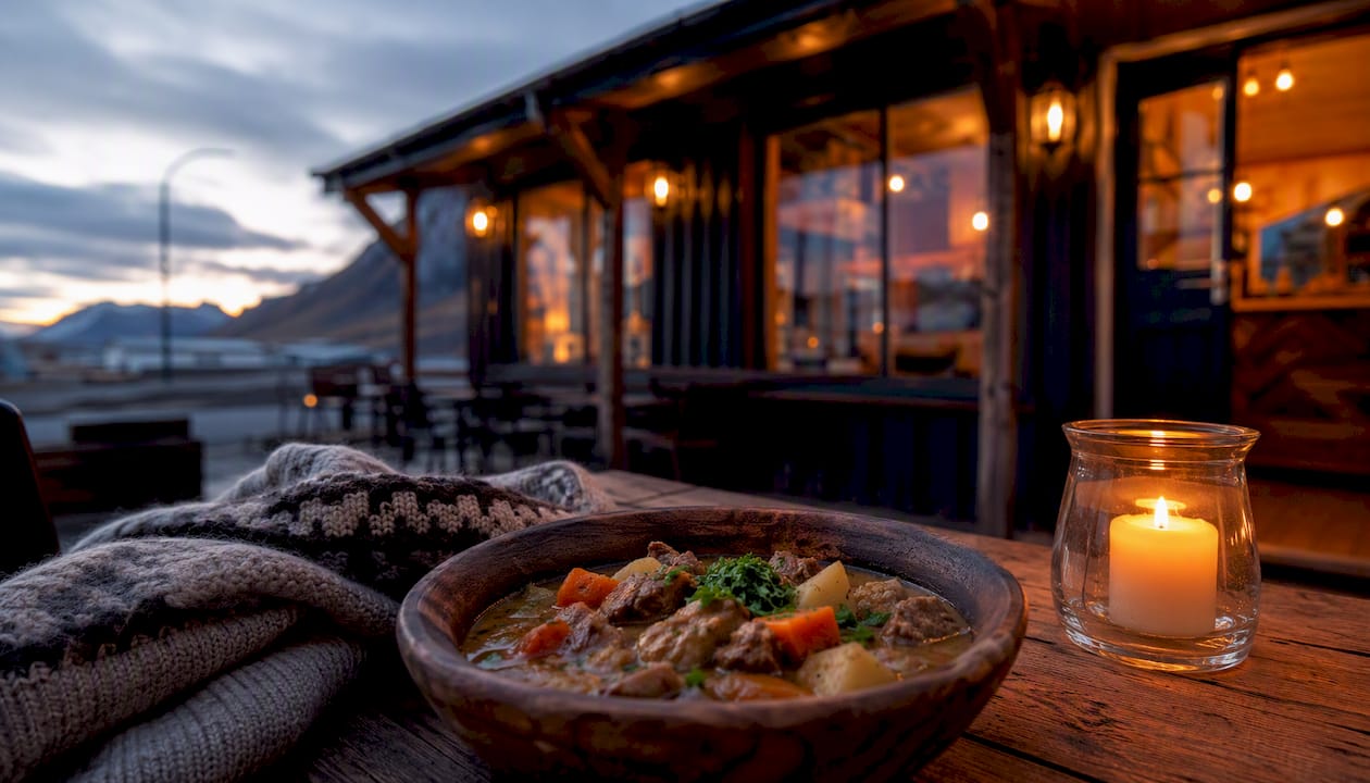 Evening view of Vík restaurants street with lamb stew