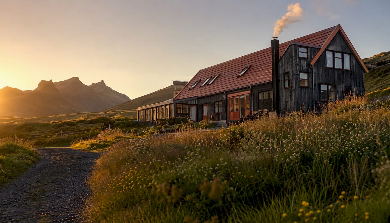 Icelandic countryside hostel exterior in morning light