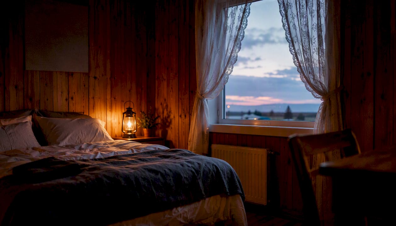 Cozy guesthouse bedroom interior with warm light