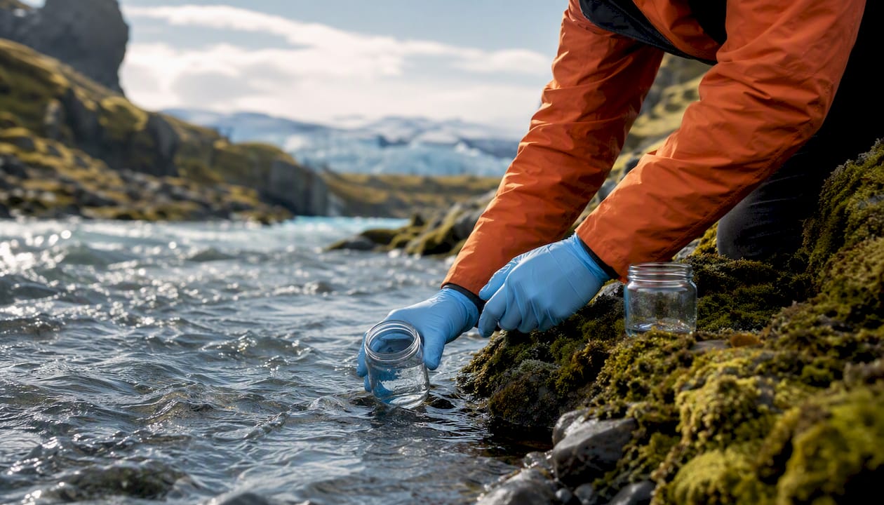 Hands collecting water samples at riverbank