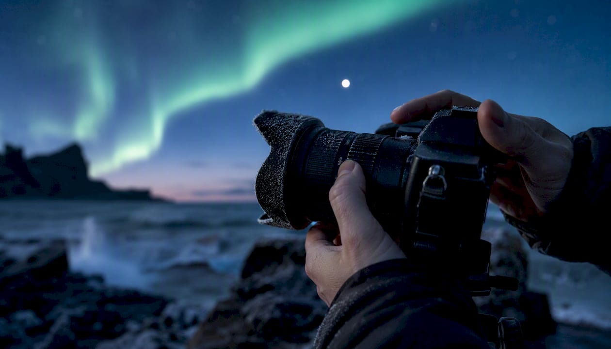 Hands manually focusing camera lens on star