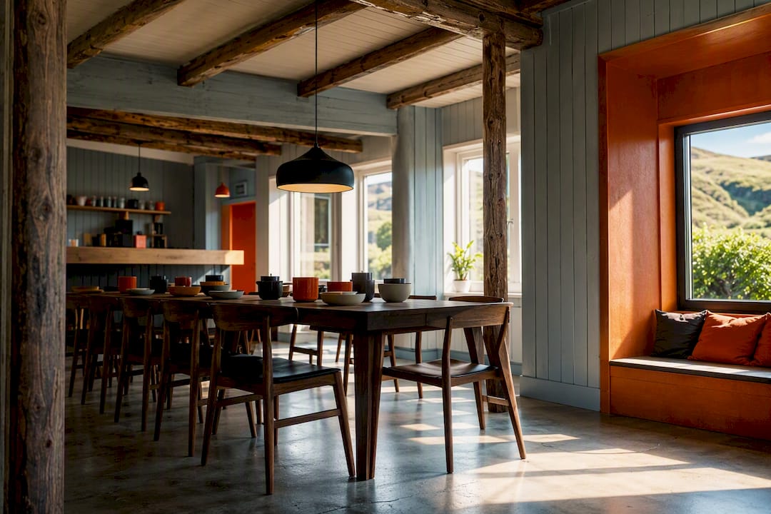 Warm modern interior of Icelandic barn converted hostel kitchen