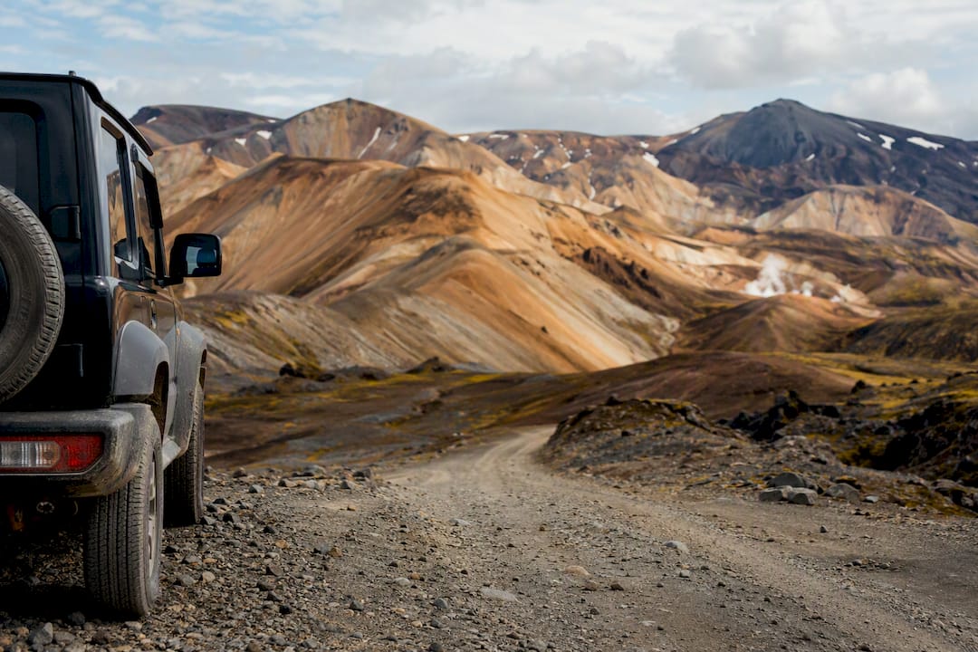 Partial 4x4 vehicle on volcanic F-road in Fjallabak