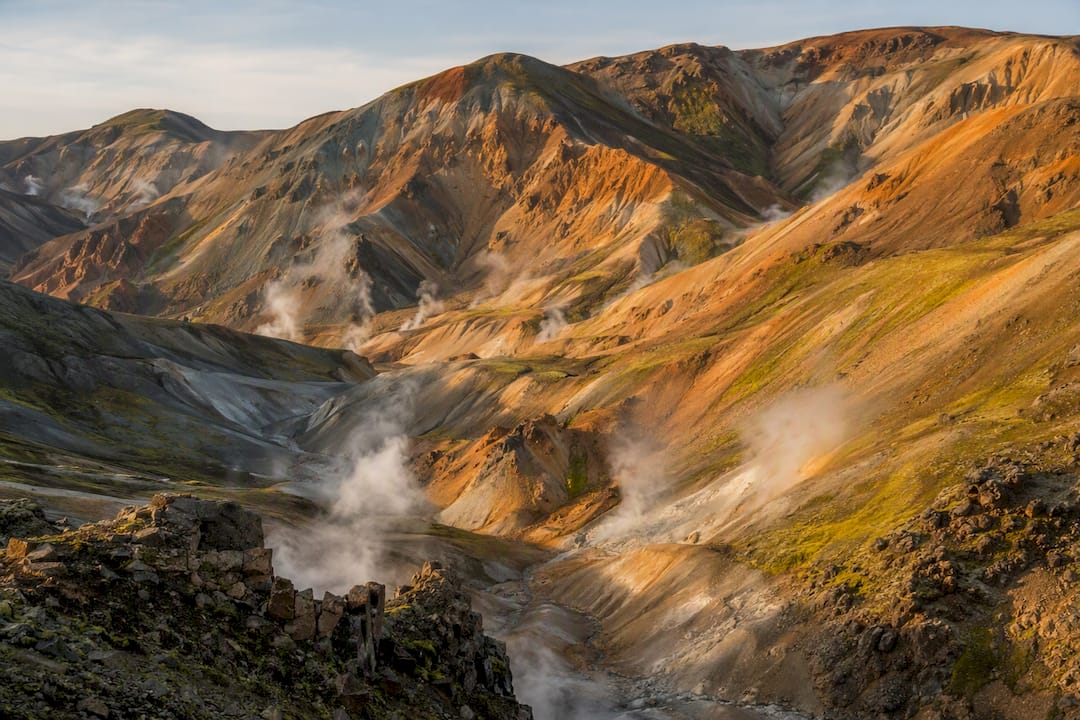 Colorful rhyolite mountains and geothermal steam