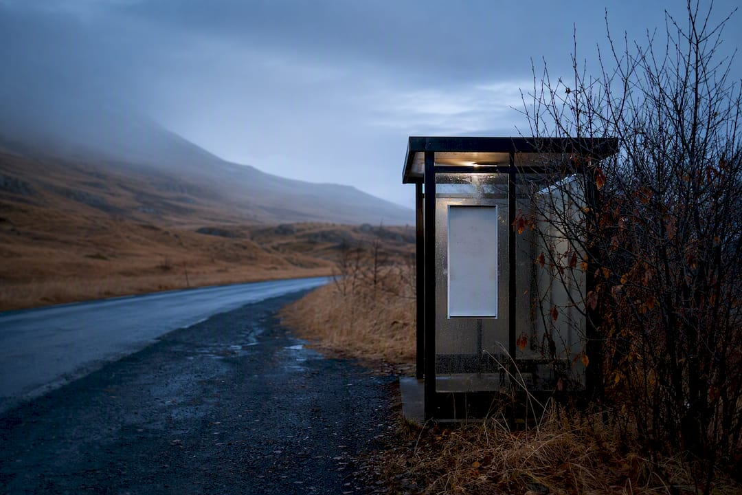 Empty Icelandic bus stop shelter in autumn