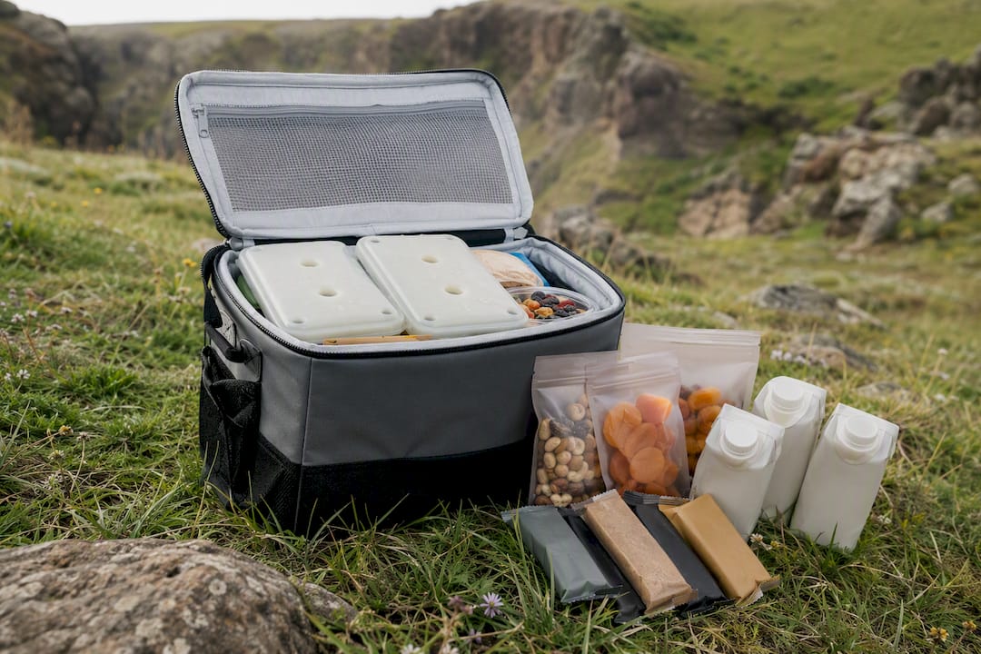Cooler bag with vegan food packed for hike