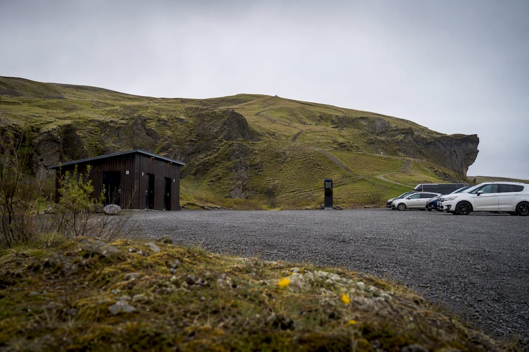 Basic parking and toilet facilities at Fjaðrárgljúfur Canyon car park