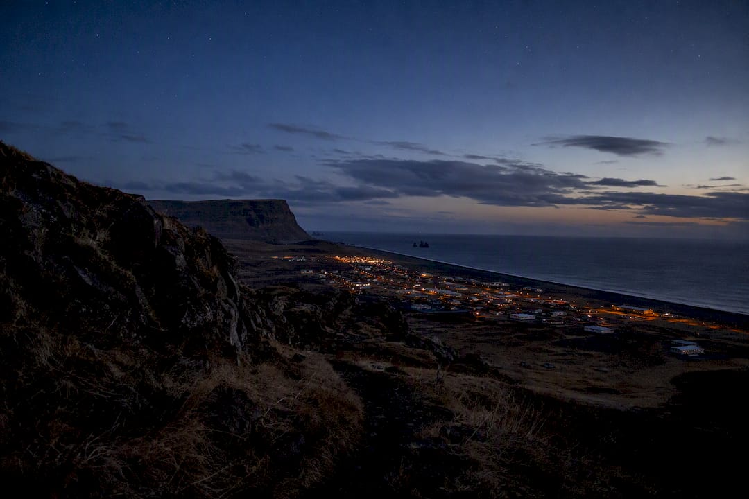 Elevated dark sky viewpoint near Vík Iceland