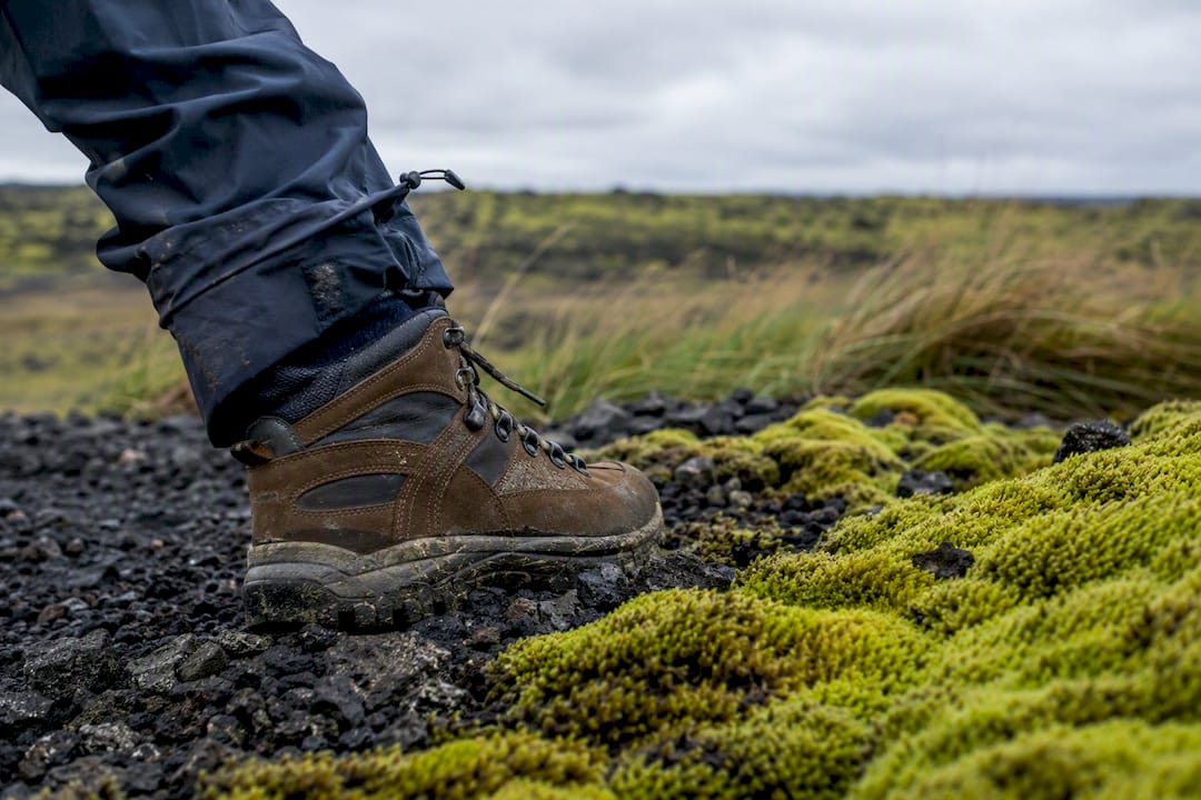 Hiking boot and windproof sleeve near Eldhraun moss