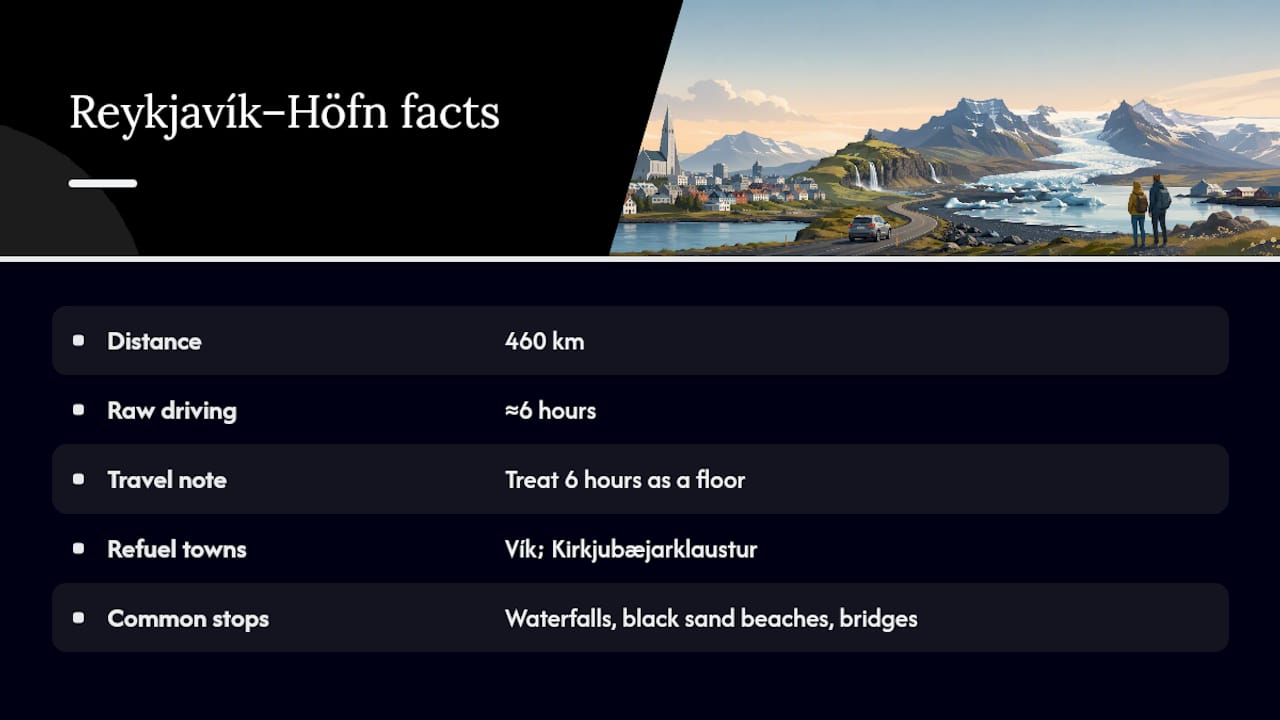Travel time and distance comparison for Reykjavík to Höfn route