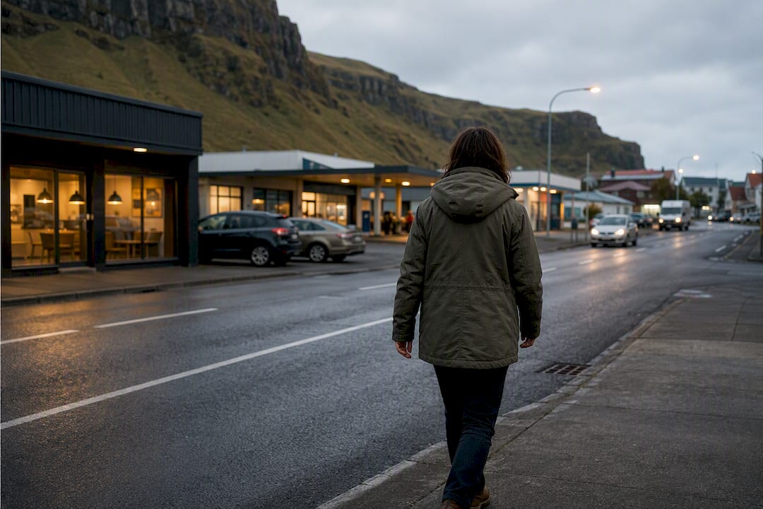 Traveler walking through Vík village