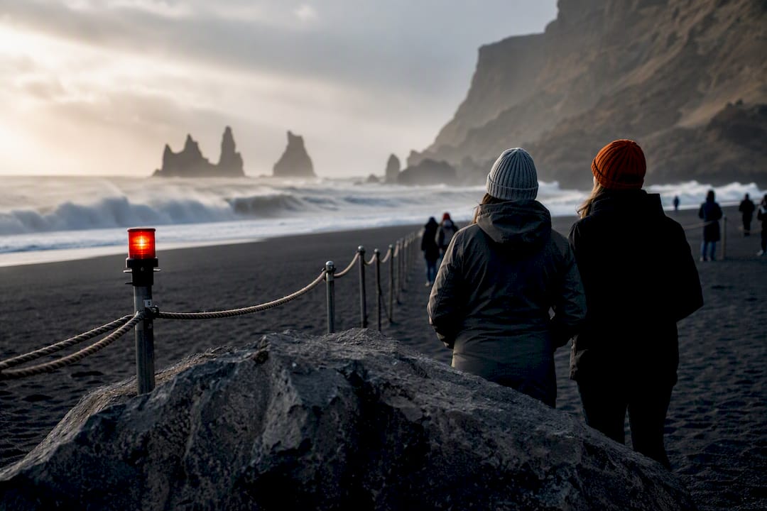Visitors behind safety rope at Reynisfjara beach