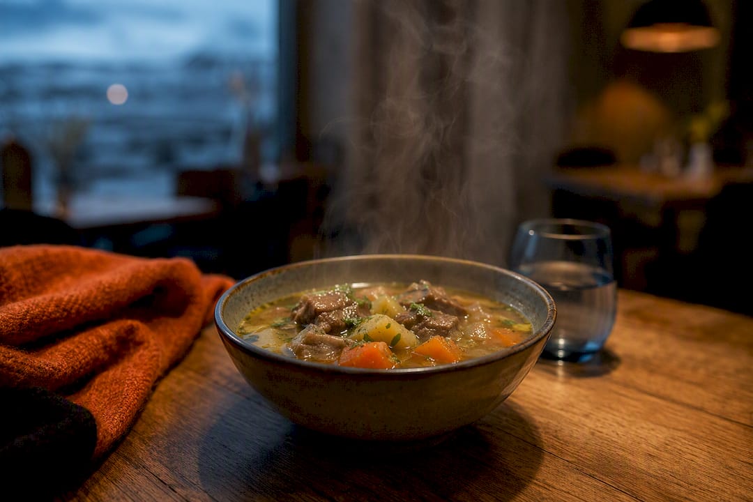 Steaming bowl of Icelandic lamb soup