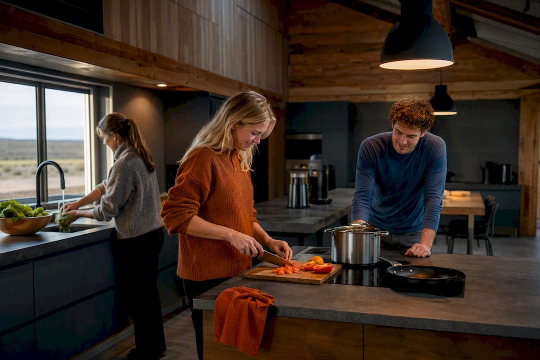 Travelers cooking in spacious hostel kitchen
