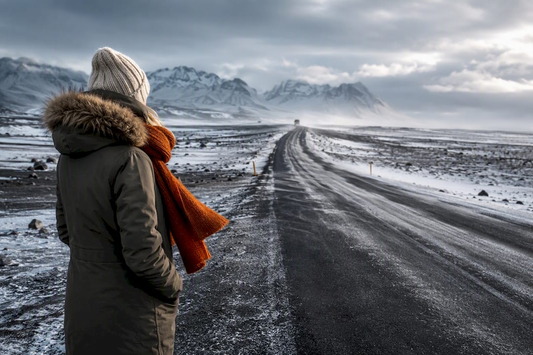 Windswept winter road across South Iceland
