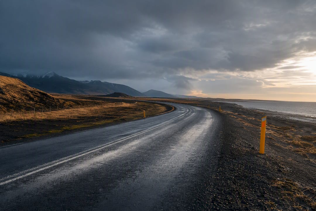 Stormy paved road on Iceland's South Coast