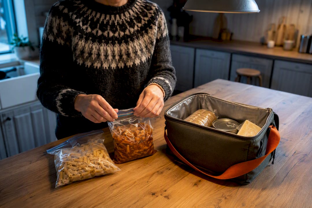 Gluten-free road trip meals packed in hostel kitchen