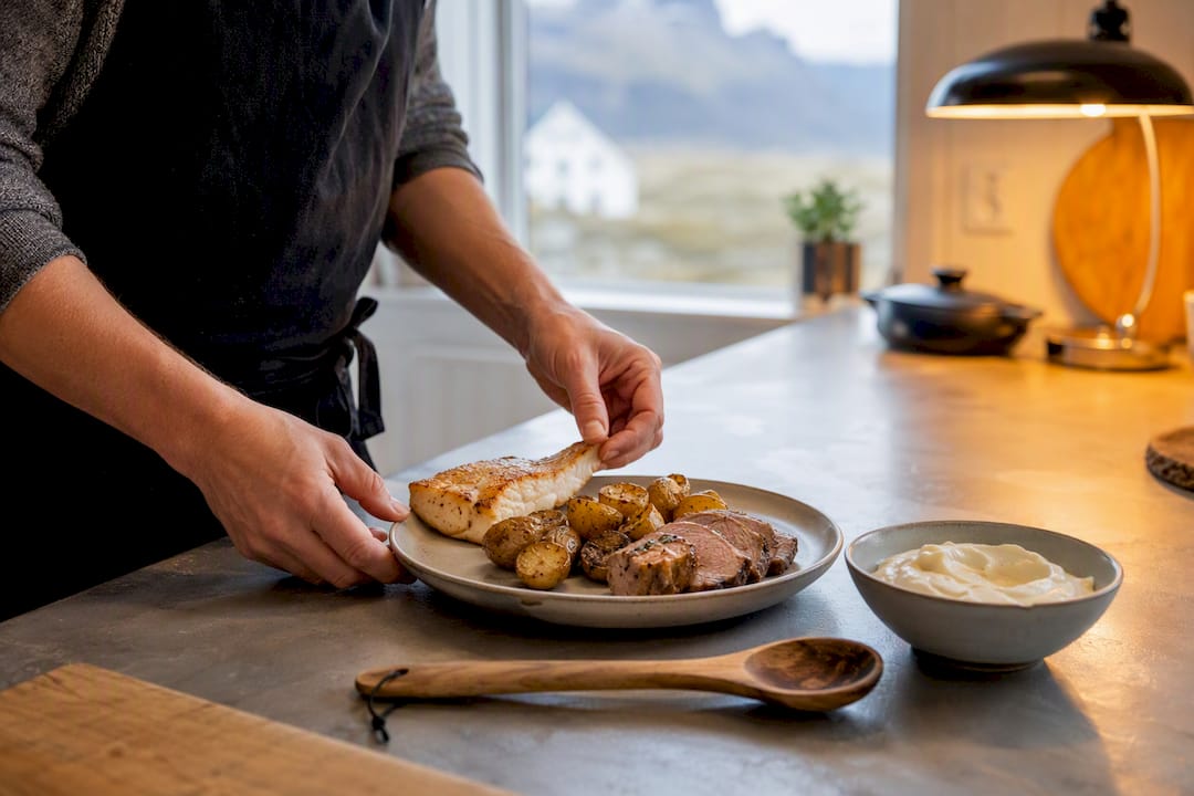 Grilled fish potatoes lamb and skyr