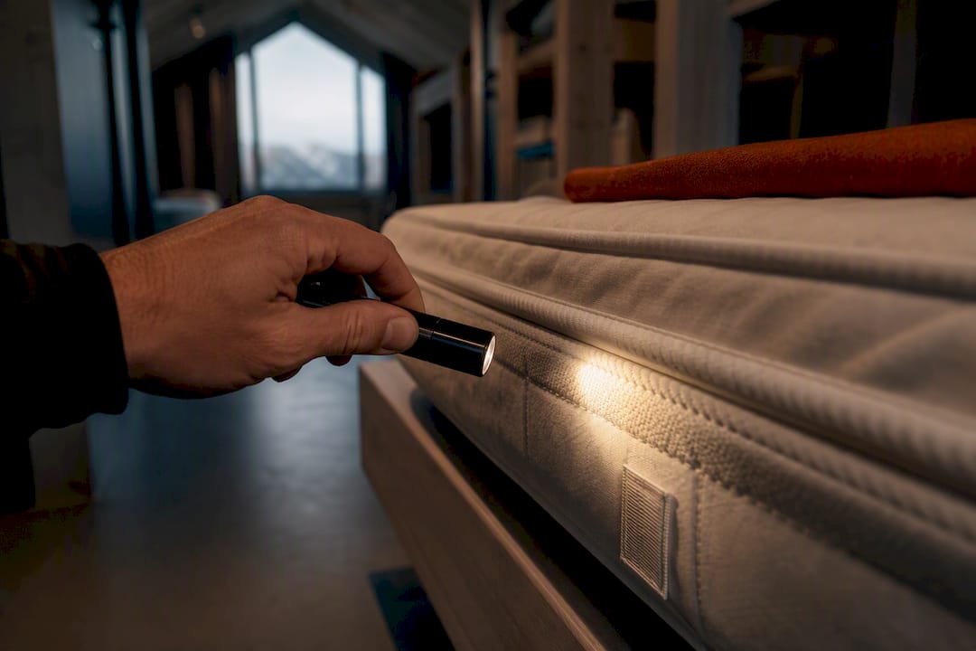 Flashlight inspecting a hostel mattress seam