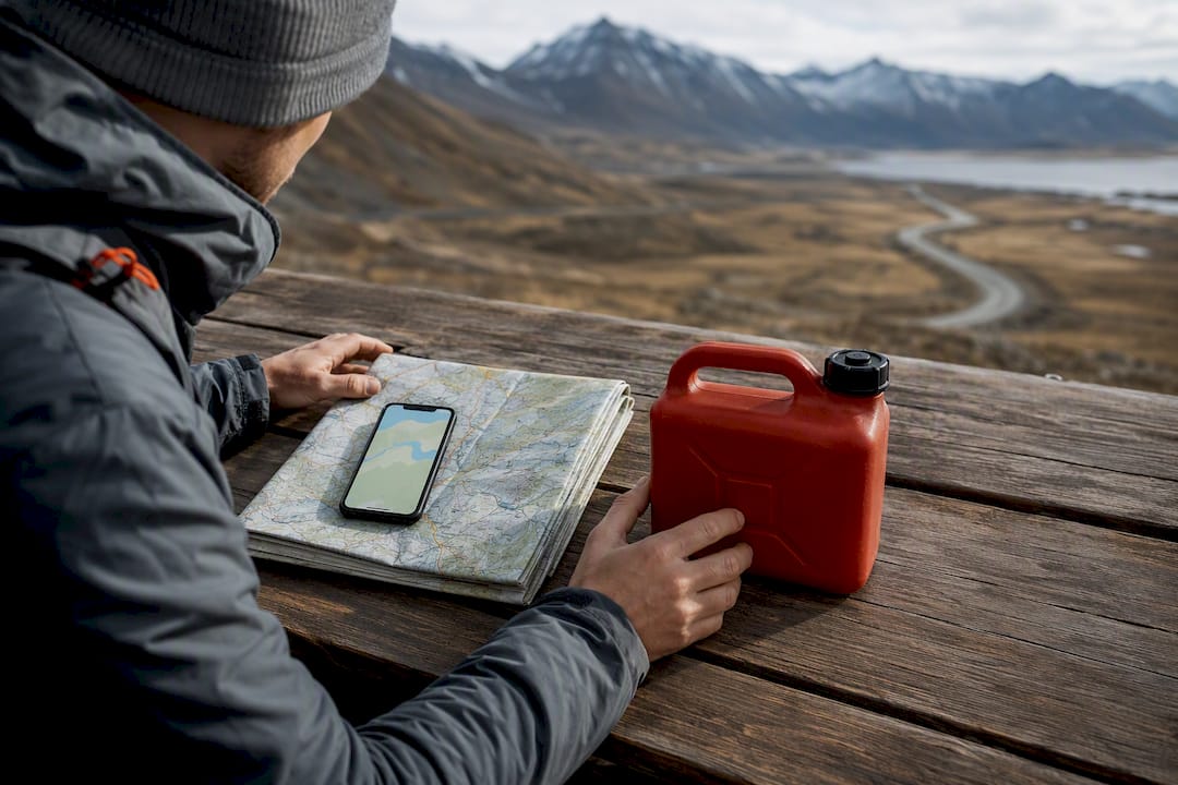 Fuel can and offline map travel preparation