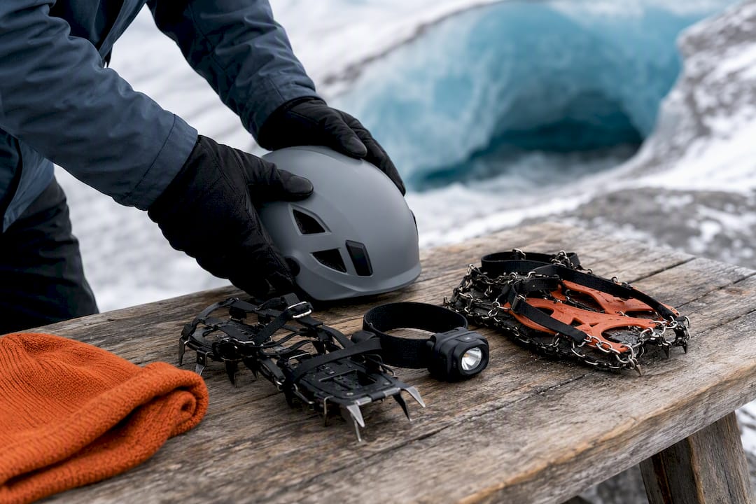 Ice cave tour safety gear prepared