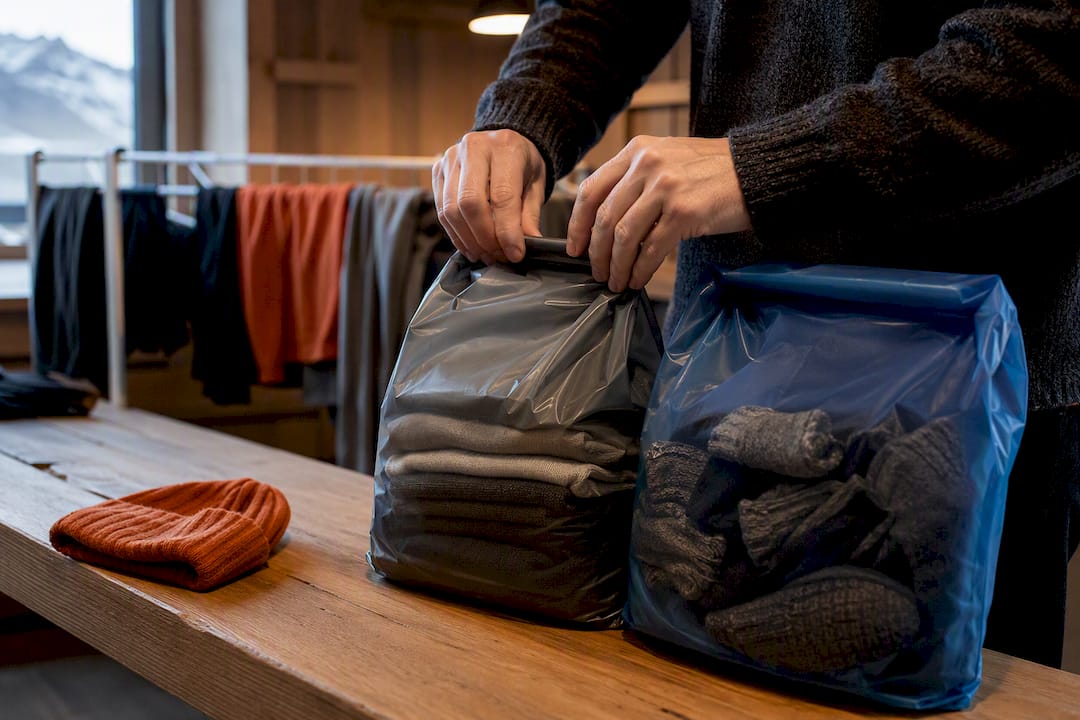 Dry and wet hiking layers separated in bags