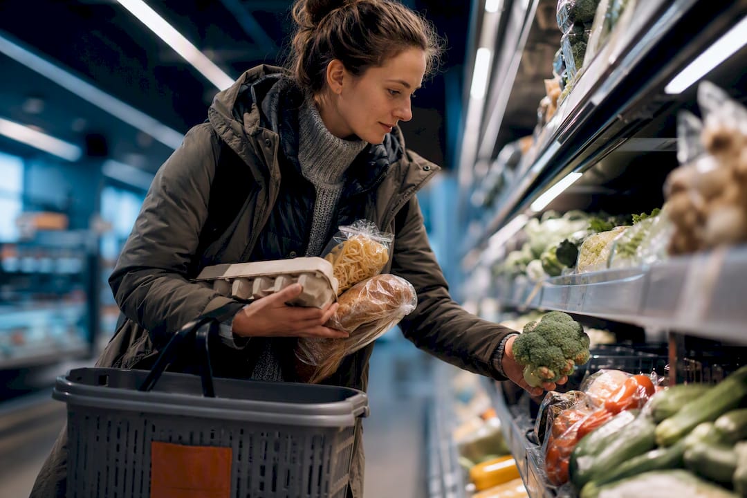 Traveler choosing groceries in Iceland supermarket