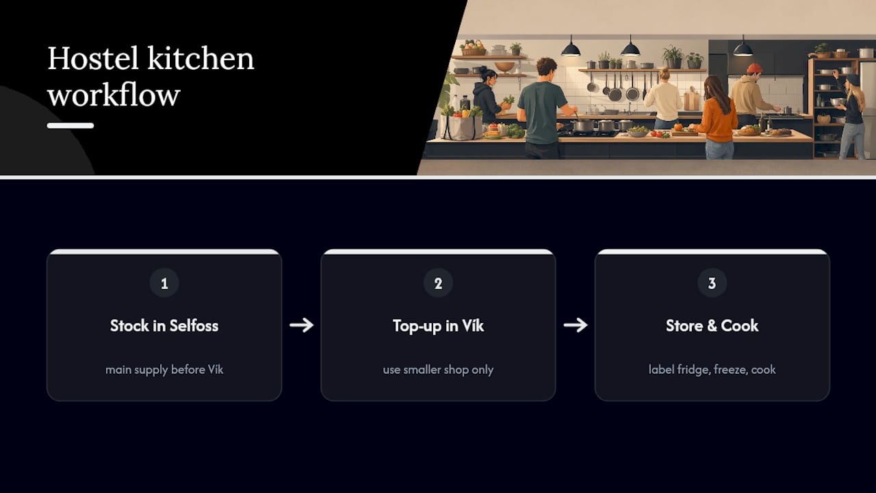 Planned grocery stops and hostel storage workflow