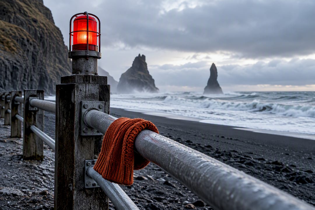 Safety barrier and warning light at Reynisfjara
