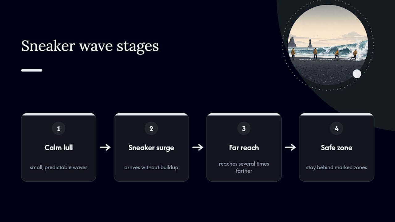Diagram contrasting calm surf and sneaker wave reach