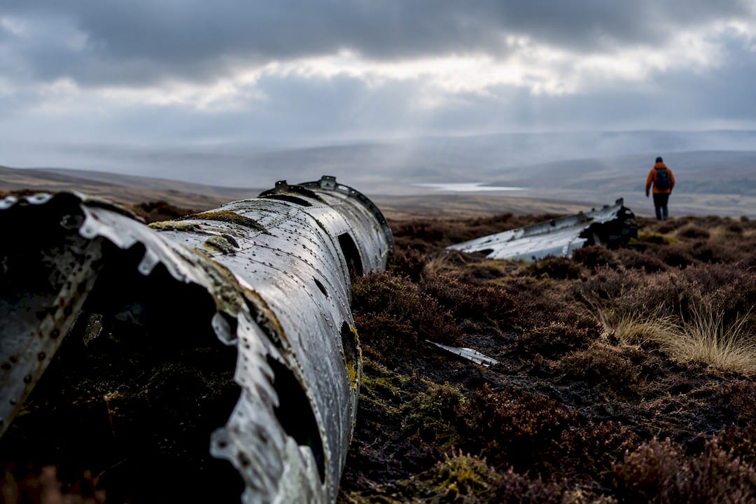 Scattered aircraft wreckage on Bleaklow moorland