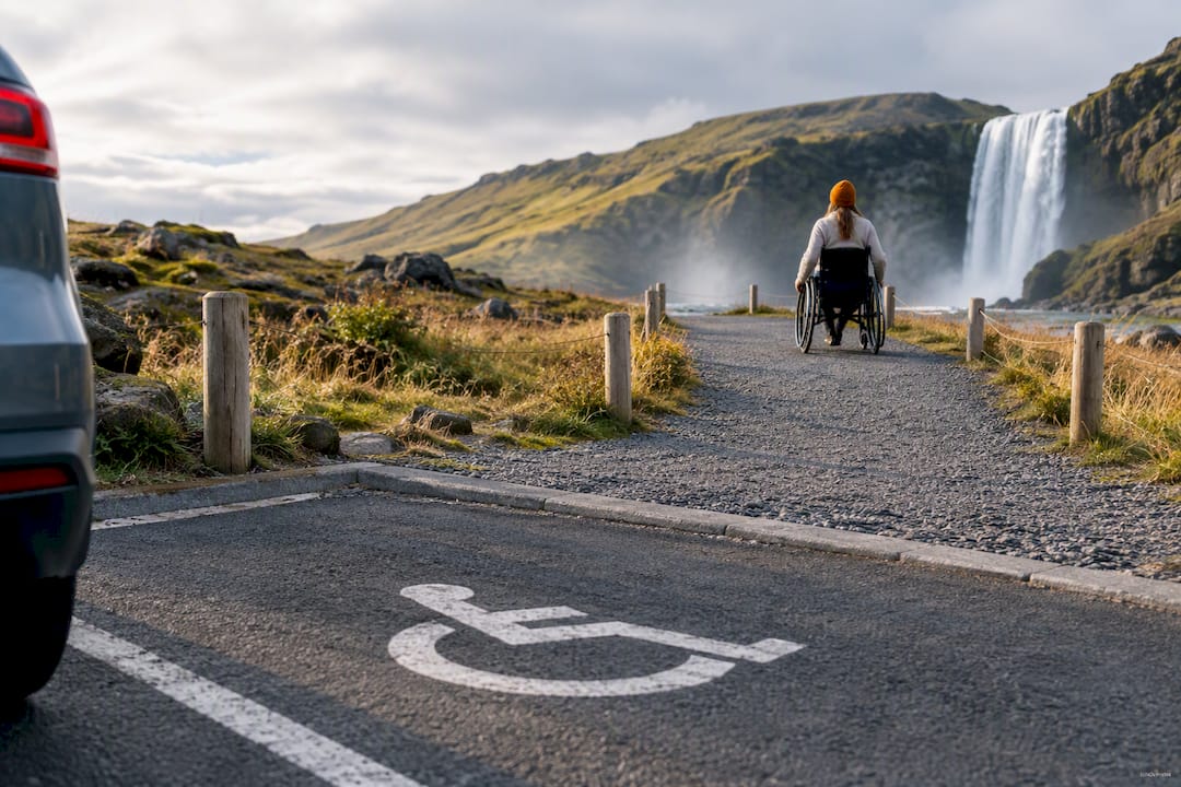 Accessible parking beside Iceland waterfall path