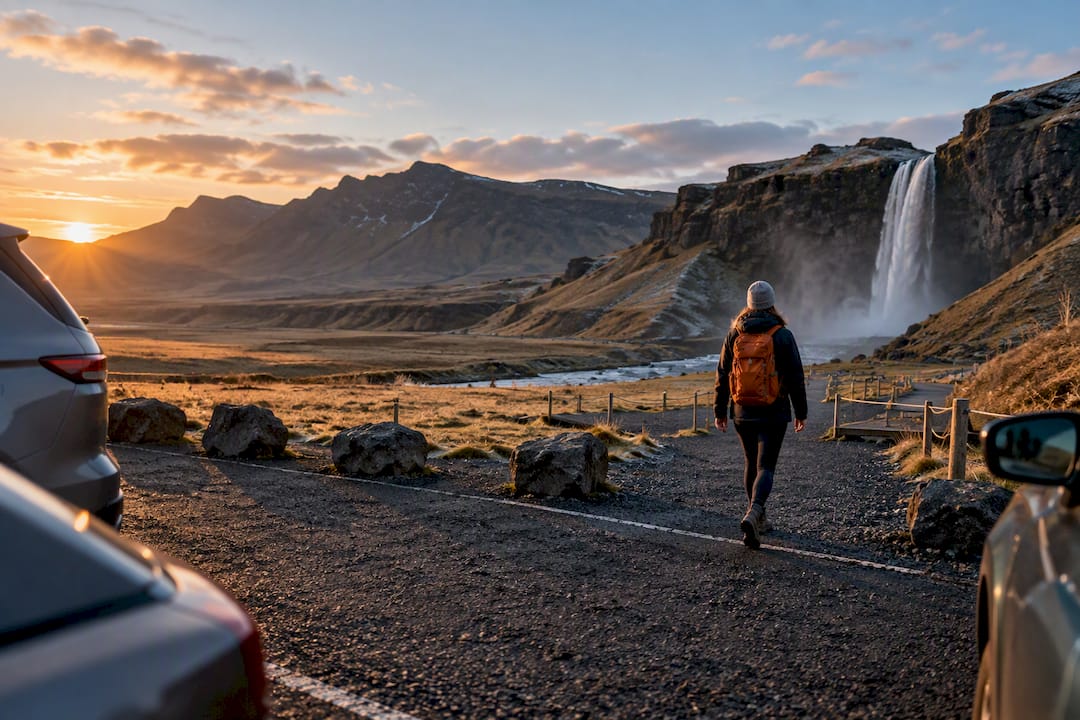 Managed parking area beside Icelandic waterfall