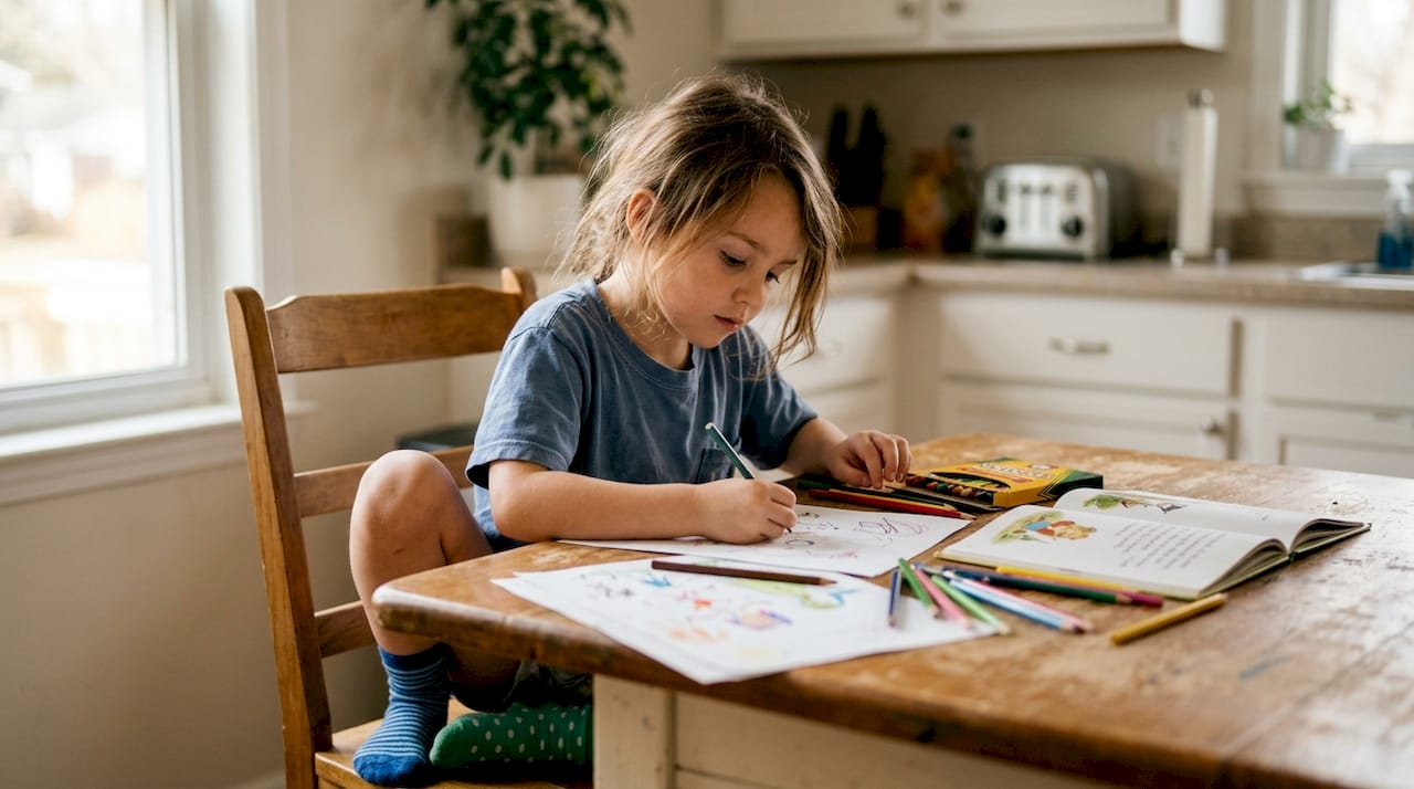 Child drawing at kitchen table creatively