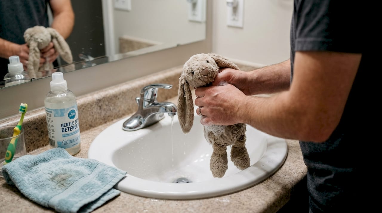 Hands washing plush doll in bathroom sink