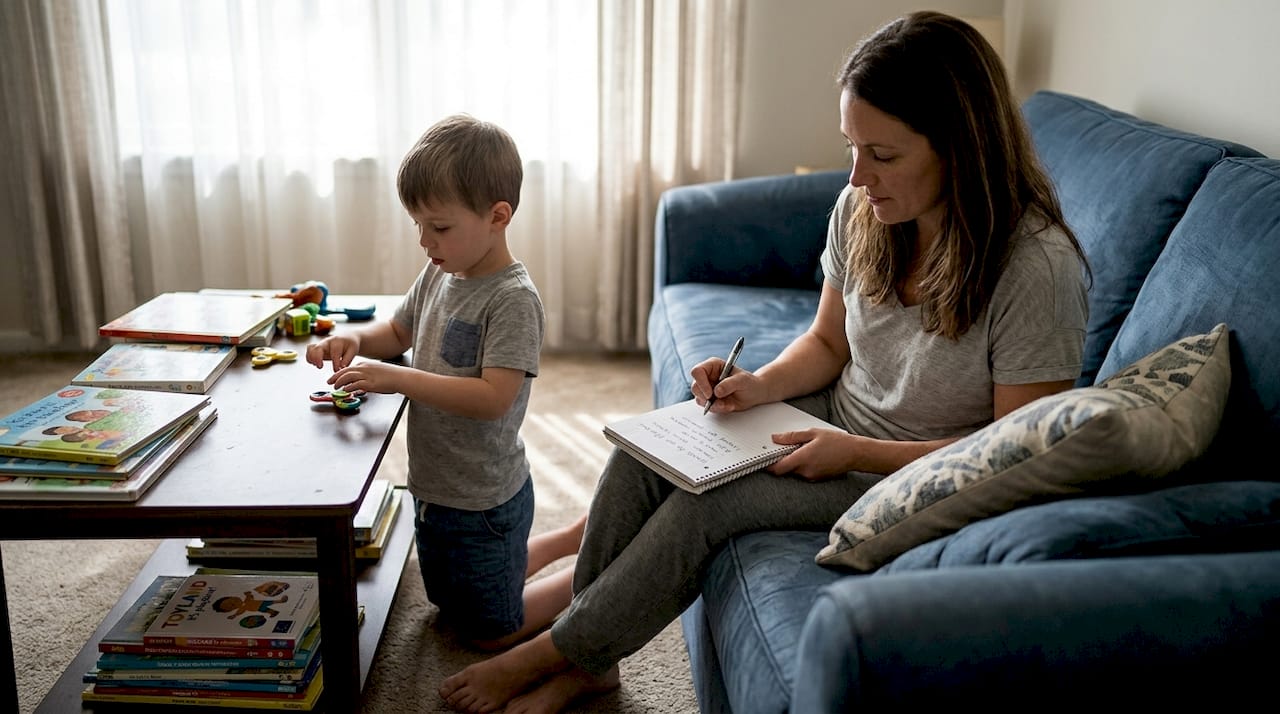 Parent recording notes on child’s sensory play